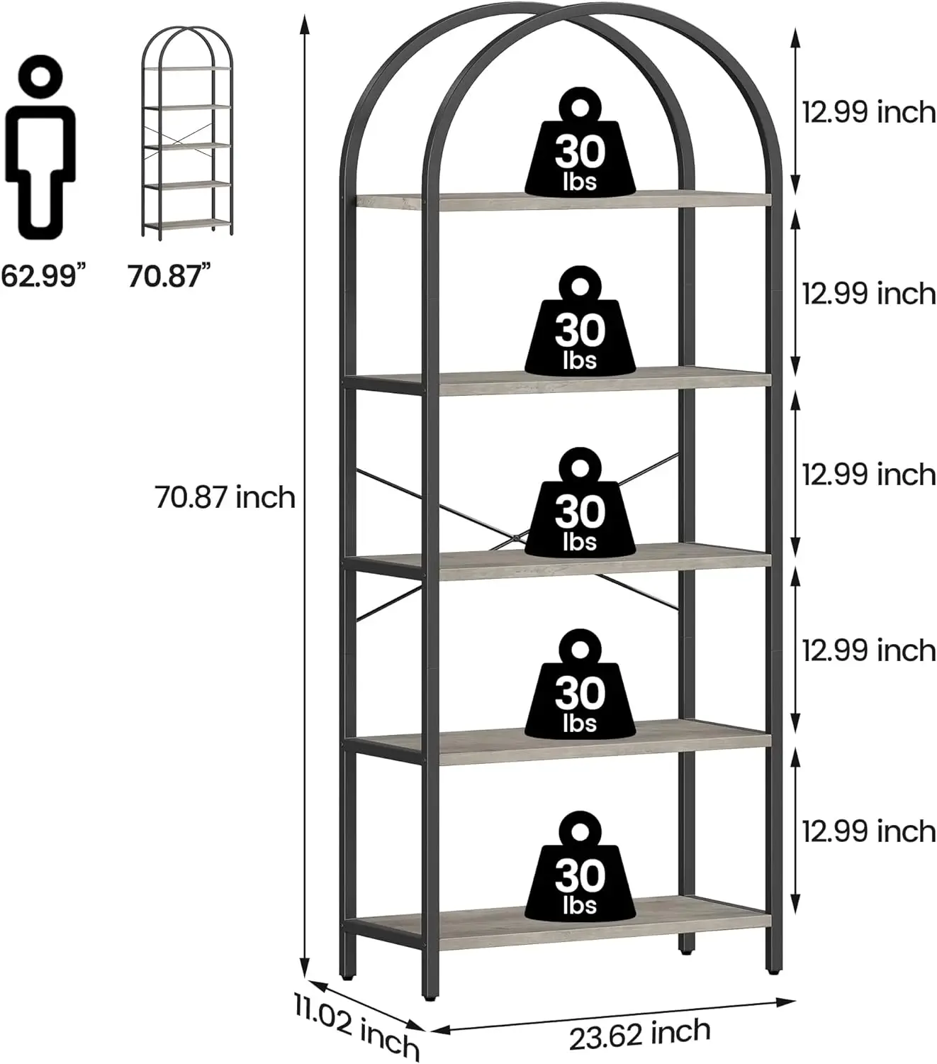 Bookshelf 5 Tier Bookcase Arched Display Racks Tall Standing Bookshelves Metal Frame Farmhouse Storage Rack Shelf Gre