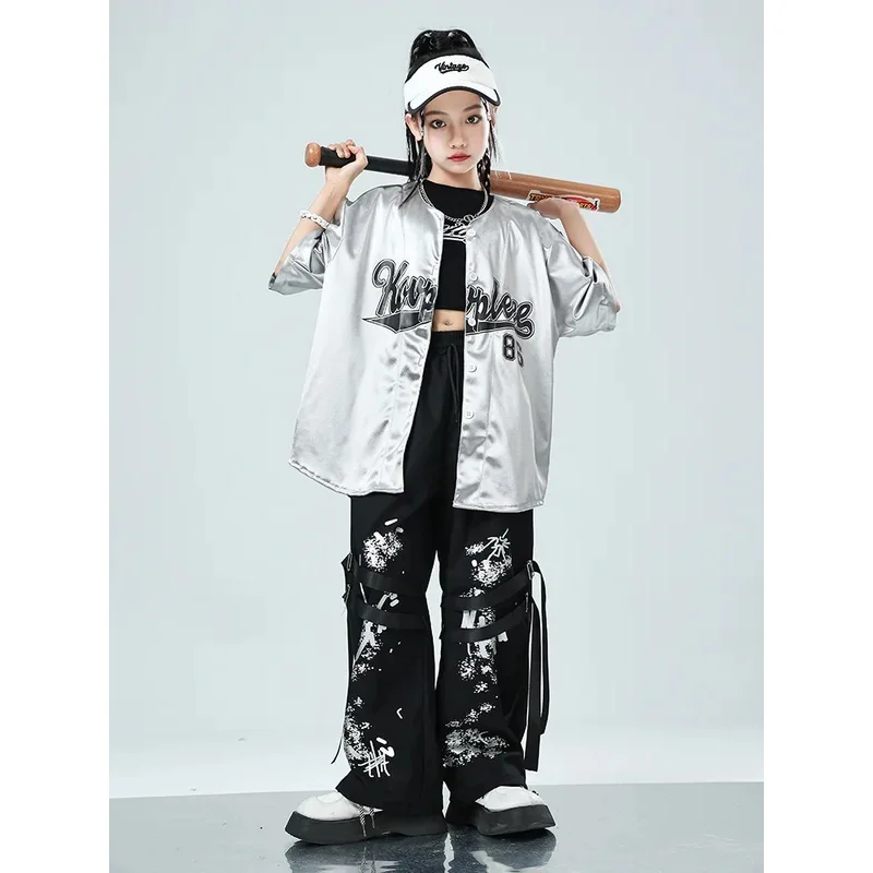 

COSda@Girls Silver Short Sleeve Jacket Hip Hop Joggers Boys Performance Street Dance Costume Kids Streetwear Jazz Clothes SetsCO