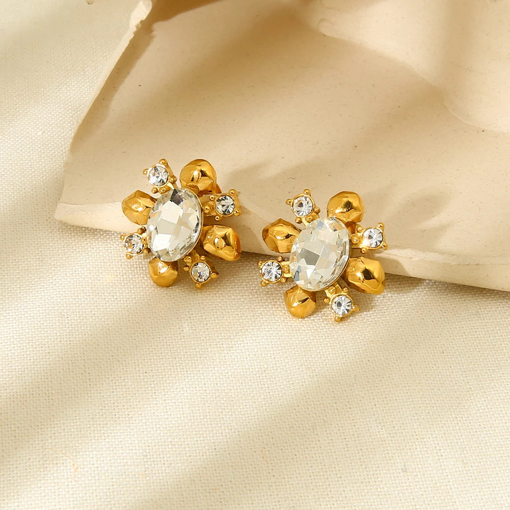 Luxury Bling White Rhinestone Stainless Steel Flower Stud Earrings Gold Color Temperament Metal Waterproof Jewelry for Women