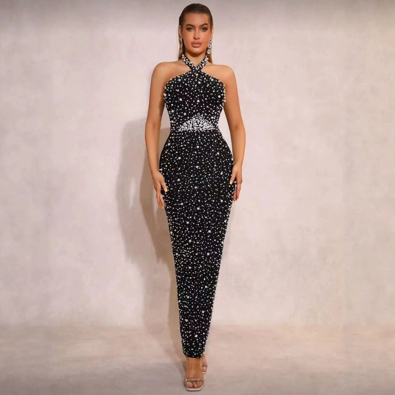 

20026 New European Dress Fashionable Sexy Neck Beaded Party Evening Dress Dress