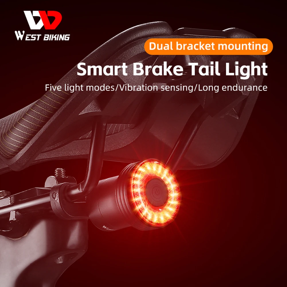 WEST BIKING Bicycle Smart Brake Rear Light LED 400mAh Warning Taillight Aluminum Alloy Type-C USB Rechargable Cycling Equipment