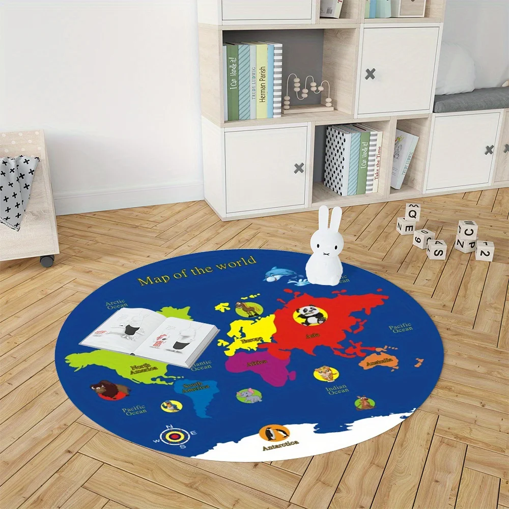 World Map Round Rug Flannel Educational Kids Room Decor Play Mat Nursery Carpet Floor Covering Childrens Area Rugs Geography