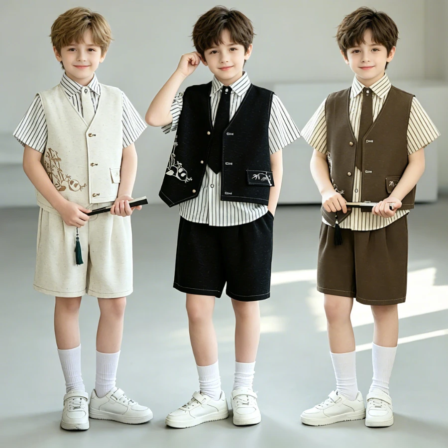 

Boys Summer Formal Suit Set Panda Embroidery Kids Gentleman Outfit for Wedding Birthday Party Short Sleeve Shirt Vest Shorts Tie