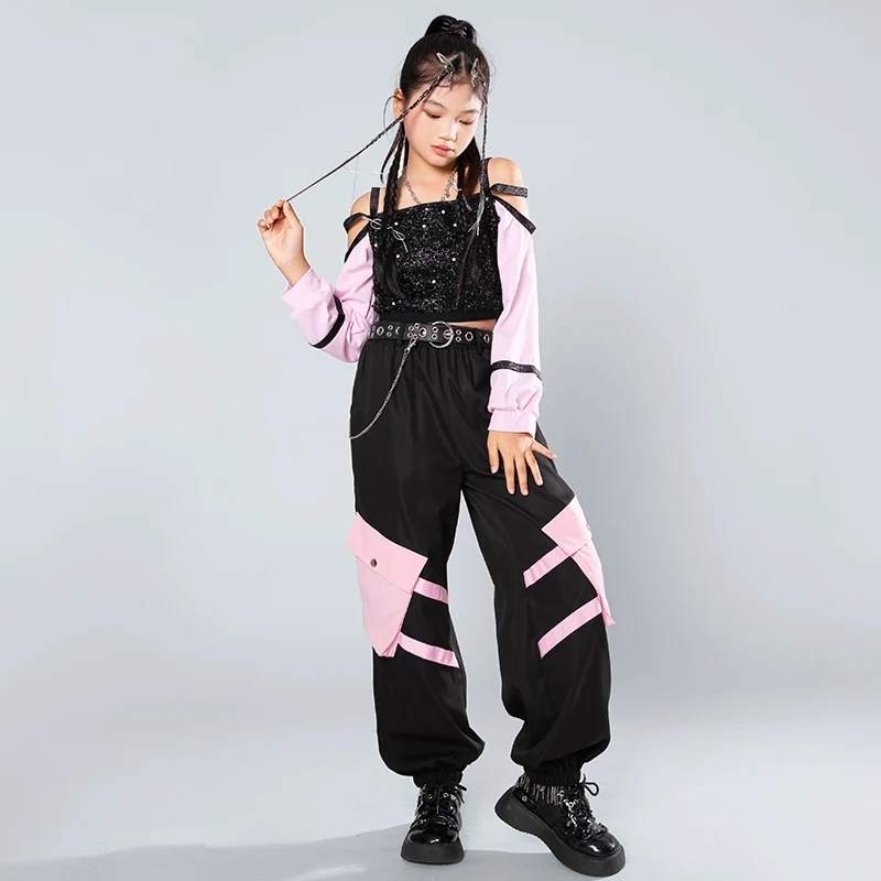 2024 Stage Outfits Girls Jazz Dance Black Suit  Top Cargo Pants Performance Kids Street Dance Hip Hop Walk Show Costume DQL10135