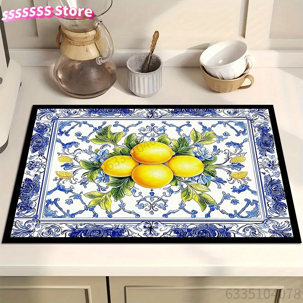 Purchase Product: Utensil Drying Mat, Lemon Pattern Drainage Pad, Coffee Machine Mat, Kitchen Countertop Absorbent Pad, Placema