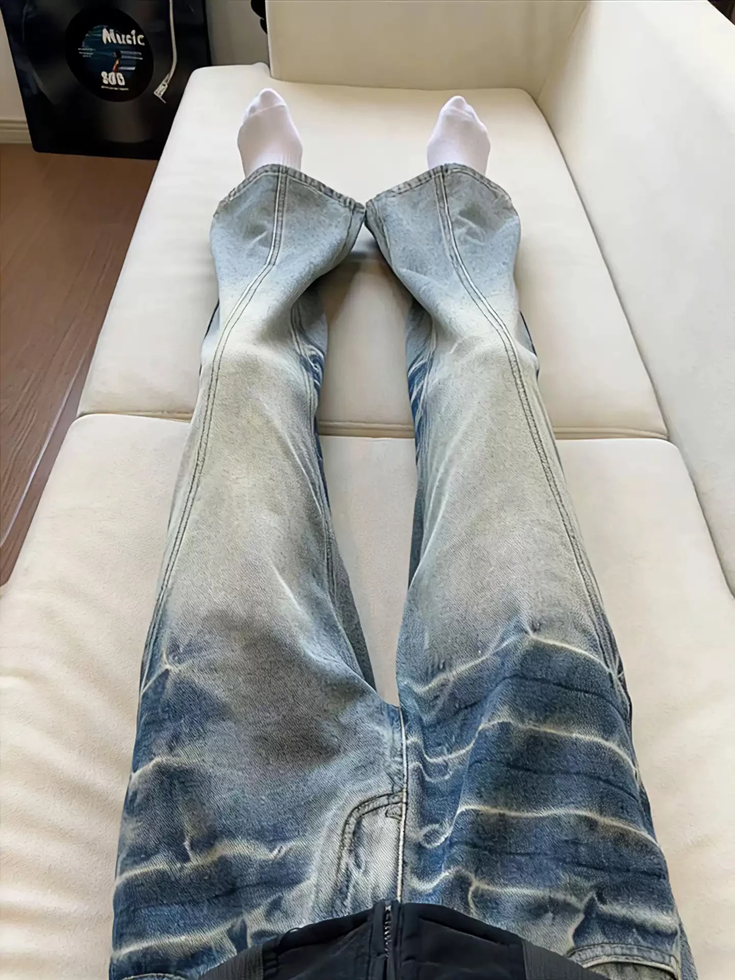 

Мужские джинсы Waed Blue Lightning Pattern, зимние, на флисовой подкладке, расклешенные, в американском стиле High Street, повседневные, из хлопкового денима