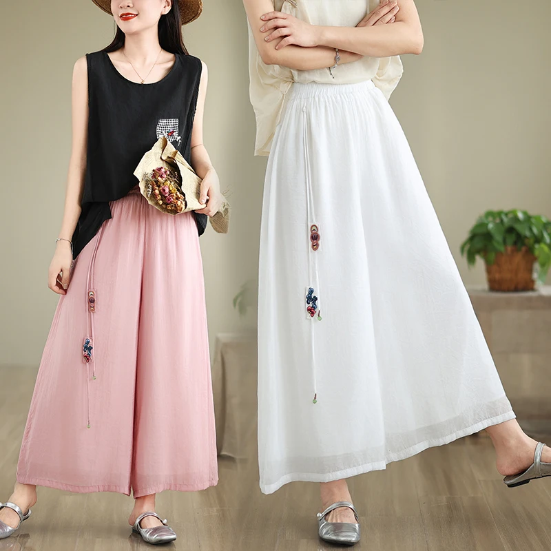 

Новые летние женские брюки-палаццо в китайском винтажном стиле, свободные, с эластичным поясом, повседневные, с вышивкой и ажурными элементами