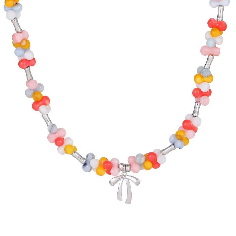 

Bow Necklace Dopamine Glazed Beaded Collarbone Chain Sweet Cool Girl Premium Sense Neck Chain