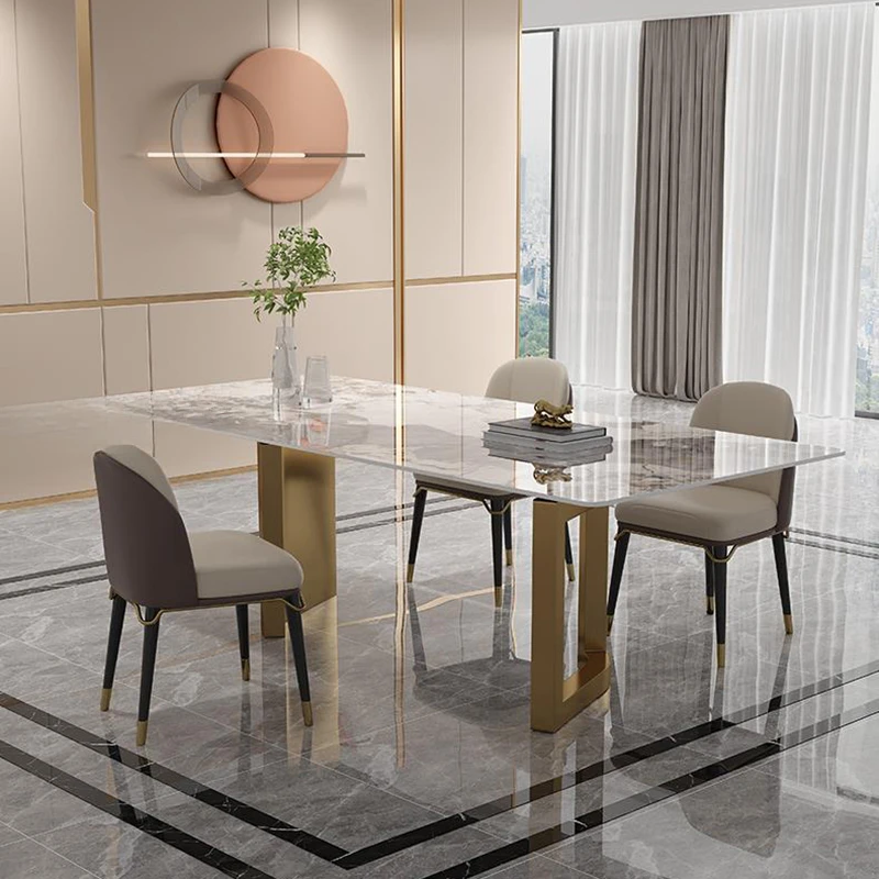 

Italian Modern Room Dining Tables High-end Designer Creative Rectangular Golden Stainless Steel Base Marble Table Furnitures