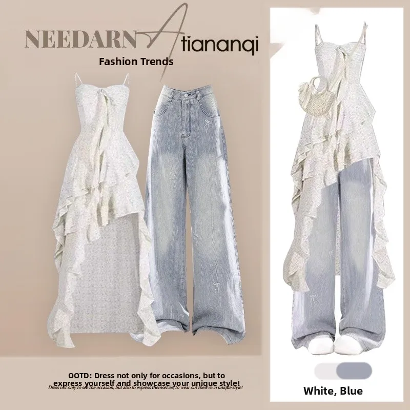 

Elegant Summer New Design Knot Embroidered Denim Dress Women's Strap Dress Fashionable Two-Piece Set Casual Chic