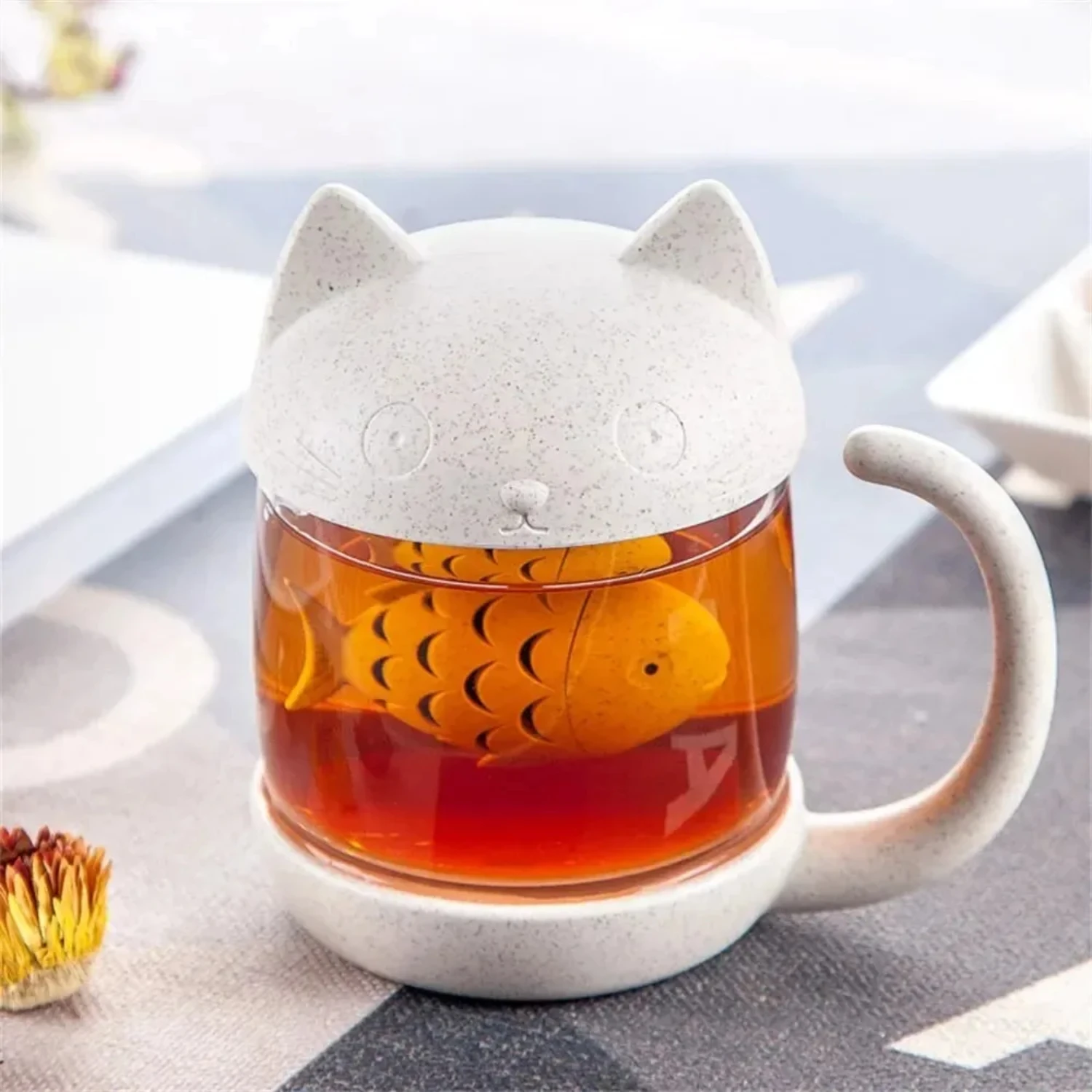 

1pc 250ml Creative Glass Mug Cute Cat Glass Cup Tea Mug With Fish Infuser Strainer Filter Offices Kitchen Drinkware Teaware