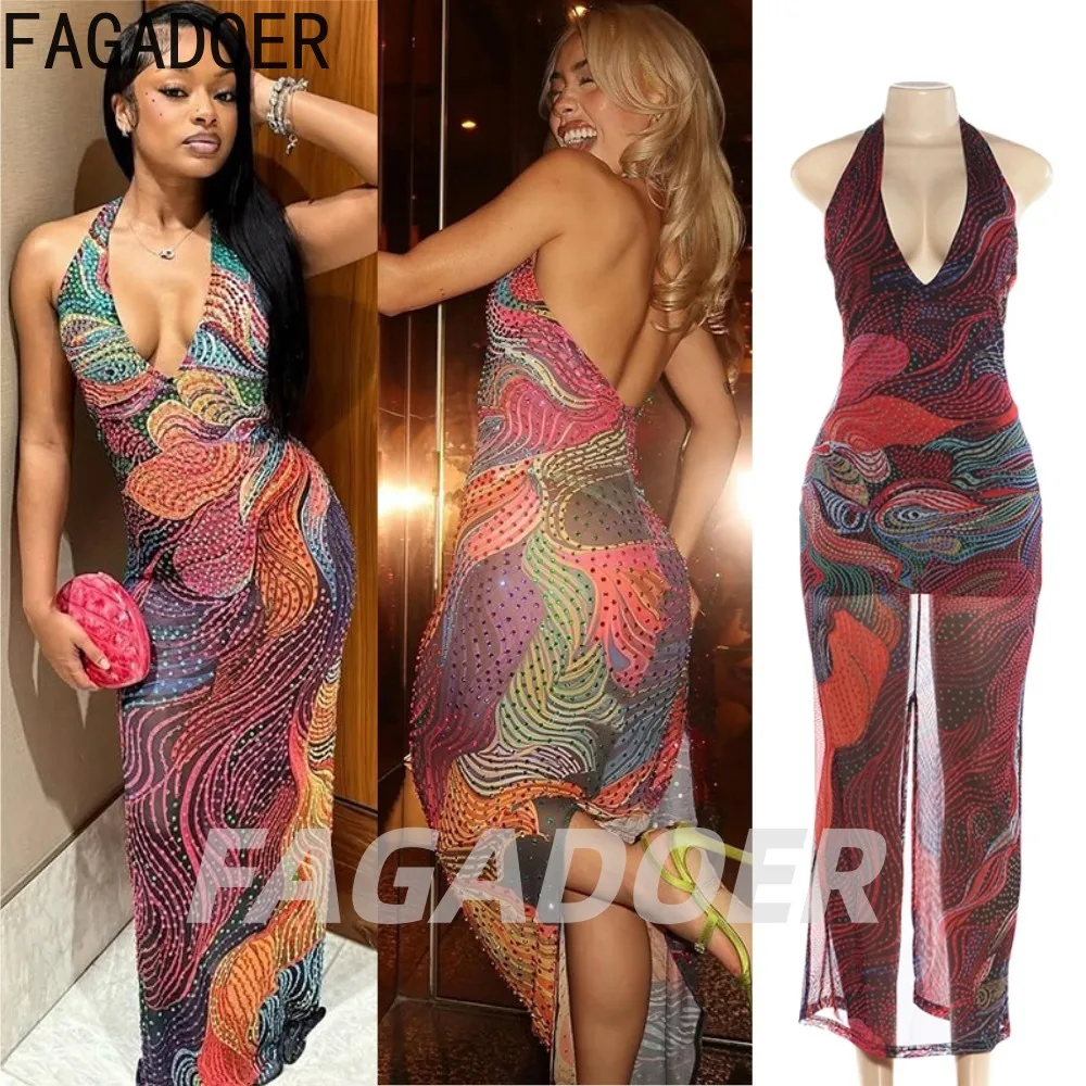 

FAGADOER Sexy Rhinestone Patchwork Bodycon Dresses for Woman Halter Sleeveless Backless Dress Female Streetwear Vestidos 2026