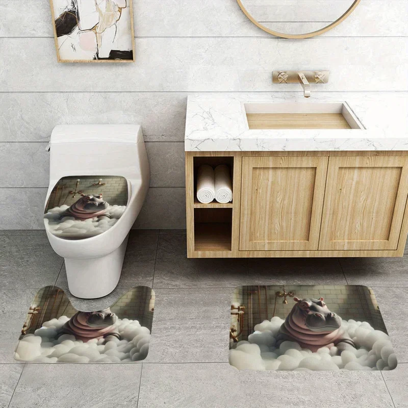 

Набор из 3 мягких ковриков для ванной комнаты с рисунком бегемота — нескользящие, впитывающие коврики для душа и туалета, включает U-образный коврик и крышку, Pe