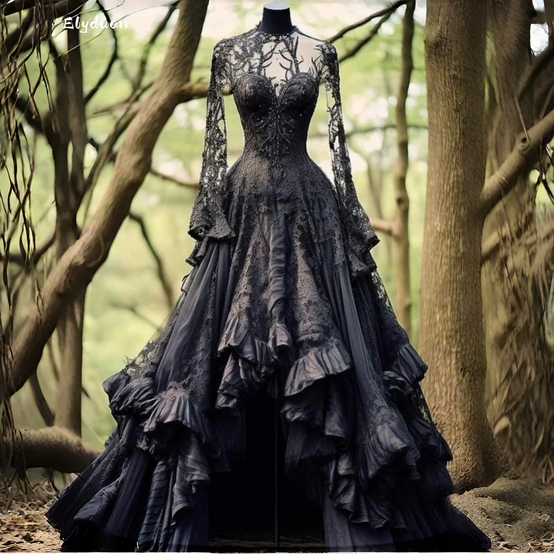 Black Gothic Wedding Dress High Neck Long Bell Sleeve Lace Delicate High Low Cascading Ruffle Tulle Train Bridal Gown Customized