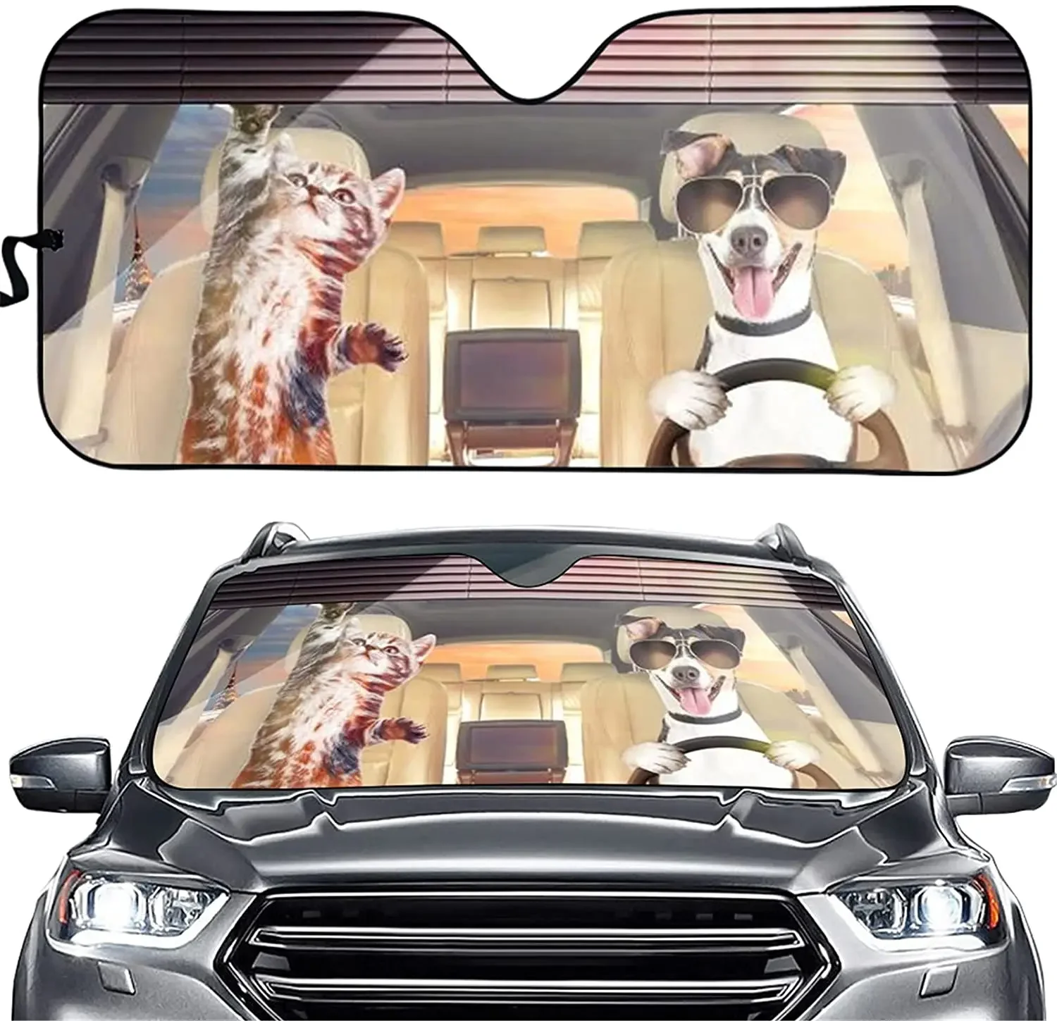 PZZ BEACH Crazy Animal Driver Car Sun Sunshade for Windshield Funny Dog Cat Driving Accordion Folding Sun Visor