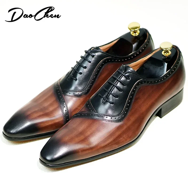 Italian Men\'s Oxford Shoes Lace Up Mix-Color Black Brown Elegant Mens Dress Shoes Office Business Wedding Leather Shoes