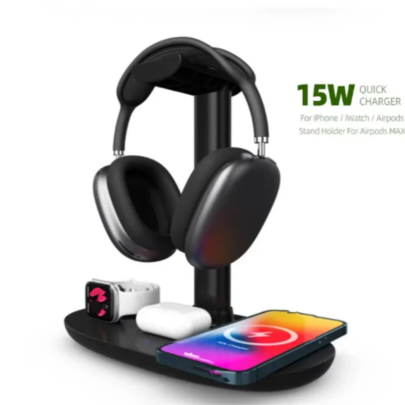 

15W Fast Wireless Charging Headphone Stand Headset Holder For iPhone 13 12 iWatch 5 6 SE Airpods Pro Wireless Charger Table Dock