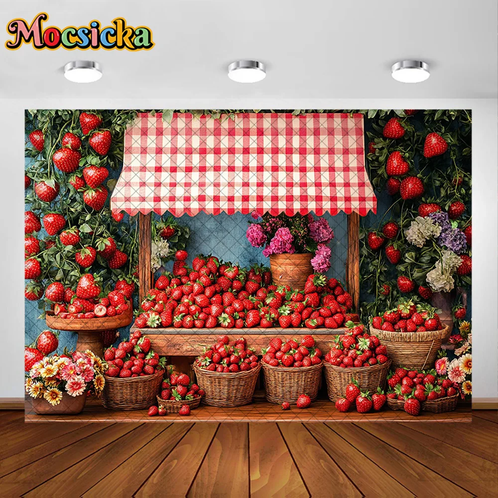 Mocsicka fotografia fundo vermelho morango loja cesta de flores decoração pano de fundo chá de bebê recém-nascido primeiro aniversário baile
