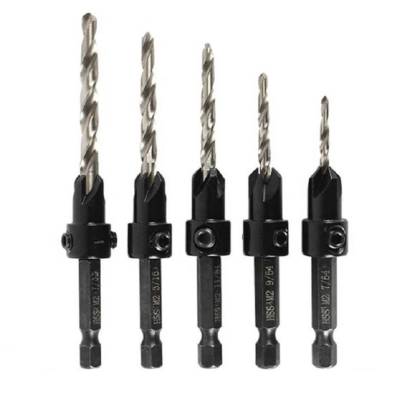 5Pcs High Speed Steel Adjustable Wood Countersink Drill Bit Set Tapered Drill Bit For Woodworking 4 6 8 10 12