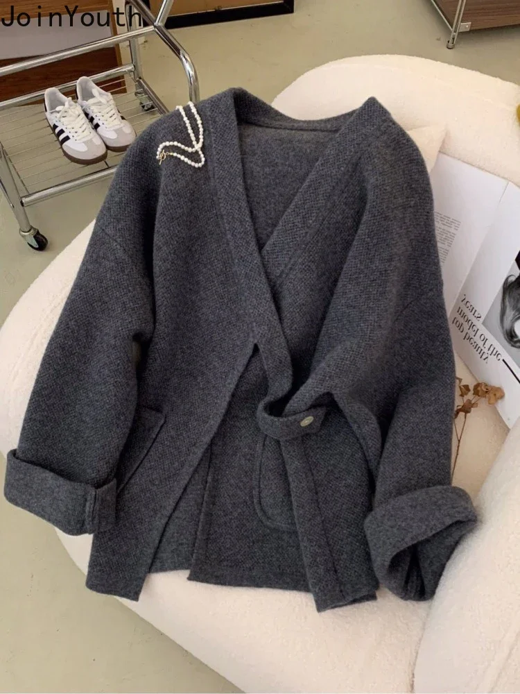 Fall Winter Clothing V-neck Knitted Cardigan Jackets Women Bandage Fashion Pull Femme 2023 Ropa Mujer Vintage Cropped Sweater