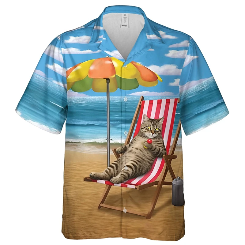 Animale Divertente Gatto 3d Stampa Camicie Uomo Moda Abbigliamento hawaiano Camicia Manica corta Camicette casual Gatti monopetto Uomo Top