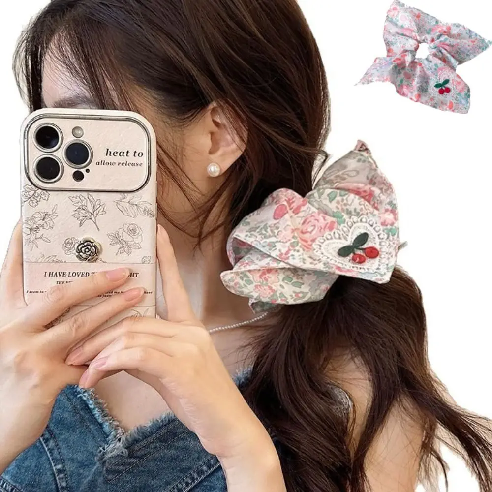 

2025 Pink Cherry Floral Print Headband Oversized Elastic Hair Decorative Ponytail Hairband Large Intestine Hair Loop Girl