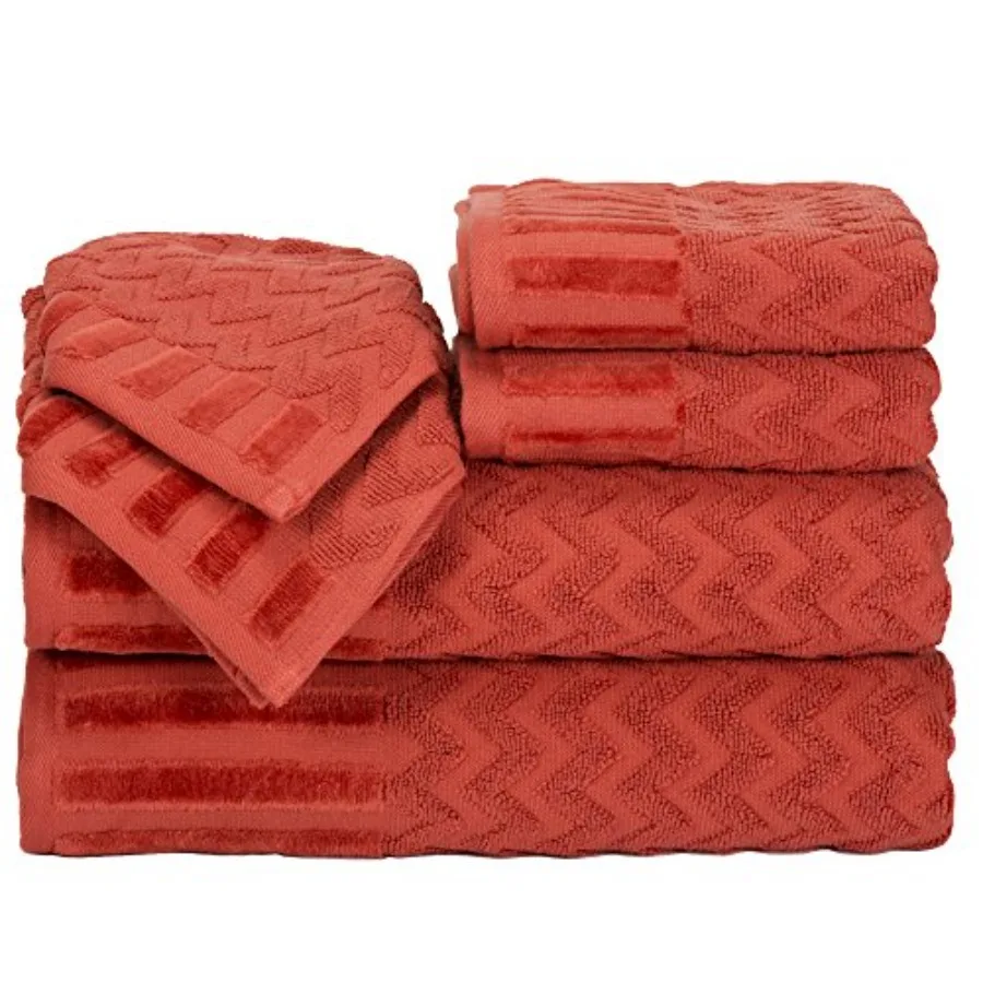 6-Piece Cotton Deluxe Plush Bath Towel Set Chevron Patterned Plush Sculpted Spa Luxury Decorative Body, Hand and Face Towels Br