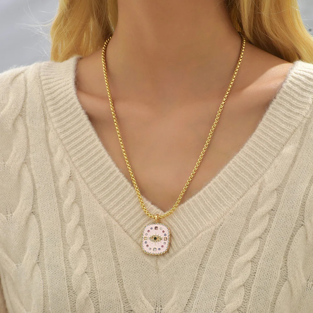 Cute Eyes Heart Palm Zodiac Signs Necklace For Women Double Sided Enamel Star Pendant Collar Gold Color Stainless Steel_maomaolike.com