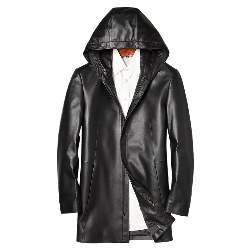

AYUNSUE Sheepskin Autumn Black Men's Hooded Windbreaker Slim Fit Mid Length Youth Leather Jacket Кожаная Куртка Мужская Kurtka