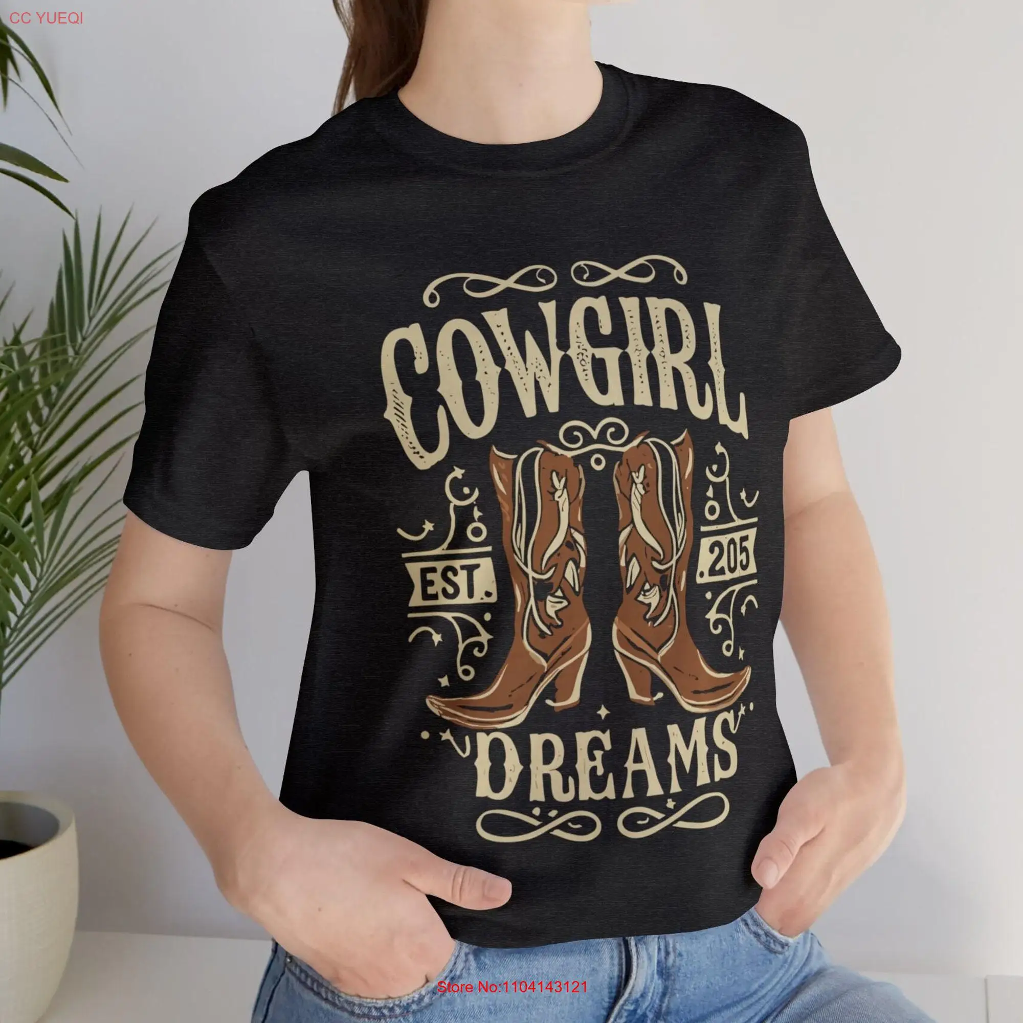 Cowgirl Dreams Heather Cotton T Shirt Western Vibes Jersey Rustic Boot Print Sustainable US Fabric long or short sleeves