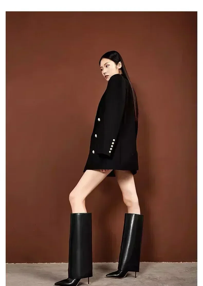 Bottes en cuir au genou pour femmes, bottes mi-longues, jupe à talon aiguille pointu, noir, mode, automne, hiver, nouveau, 2024