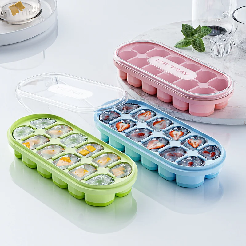 Bandeja para cubitos de hielo con tapa y contenedor, bandejas para cubitos de hielo de silicona fáciles de sacar para congelador con cubierta, kits de cubos de hielo compactos apilables