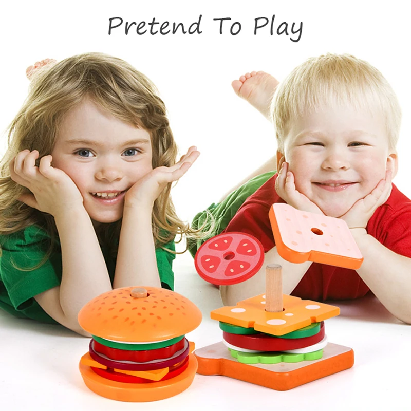 Children Pretend Play Kitchen Toys Hamburger Sandwich Simulation Food Matching Games Montessori Educational Wooden Stacking Toys