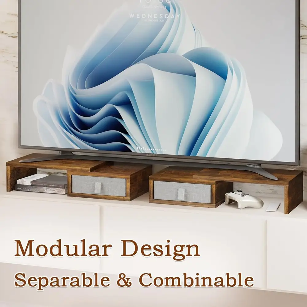 Adjustable Dual Monitor Stand with Storage Drawers, White Desk Organizer for 2 Screens/Laptops, Wood TV Stand (Brown)