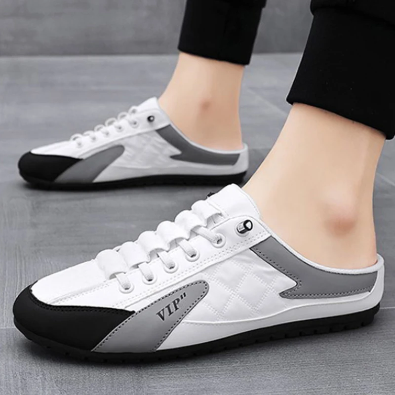 Men'S White And Grey Breathable Mesh Slip On Mule Sneakers Backless Casual Half Shoes Non Slip Lightweight Footwear For Summer