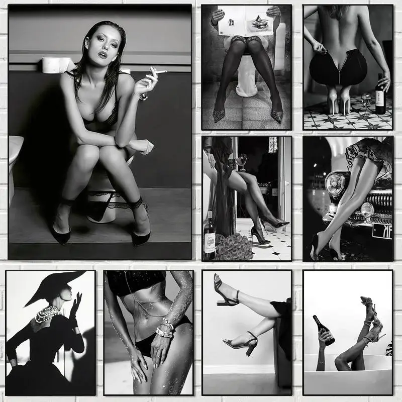 Modern Sexy Leg Girl Wall Art Poster  Black and White Women Wine Canvas Painting Print for Living Room Decor
