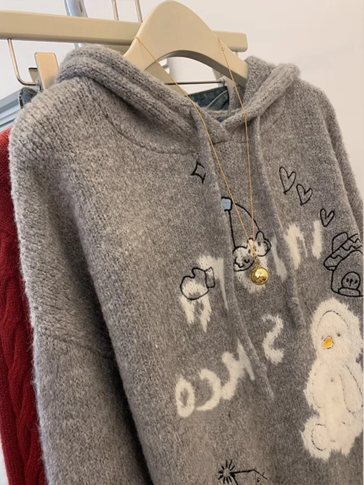 مقنعين طويلة Sve البلوز كلية Sle كسول الدب Fce لينة مريحة المرأة الخريف الشتاء محبوك أعلى منتصف طول #4