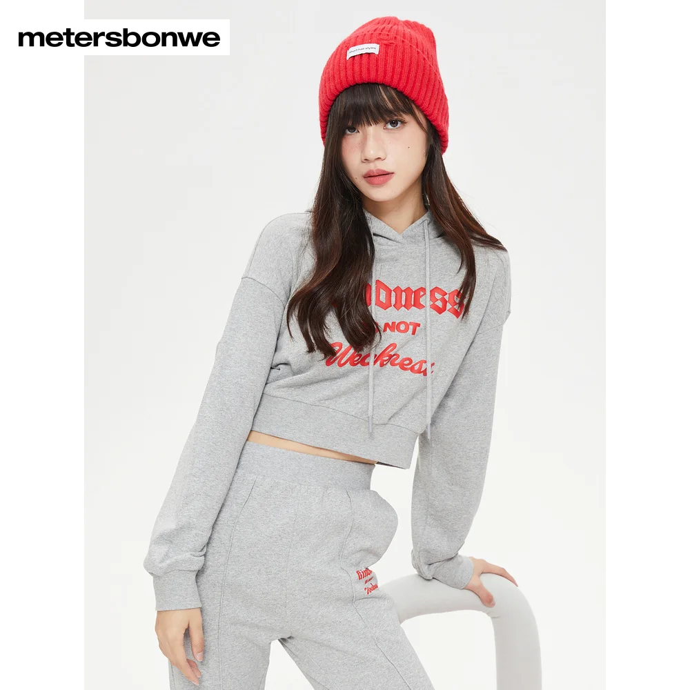 Metersbonwe-Women's Knit Pullover  100%Cotton Basic Hooded Jumper Elastic Bottom Hem Print Short Tops Sweet Casual Spring Autumn