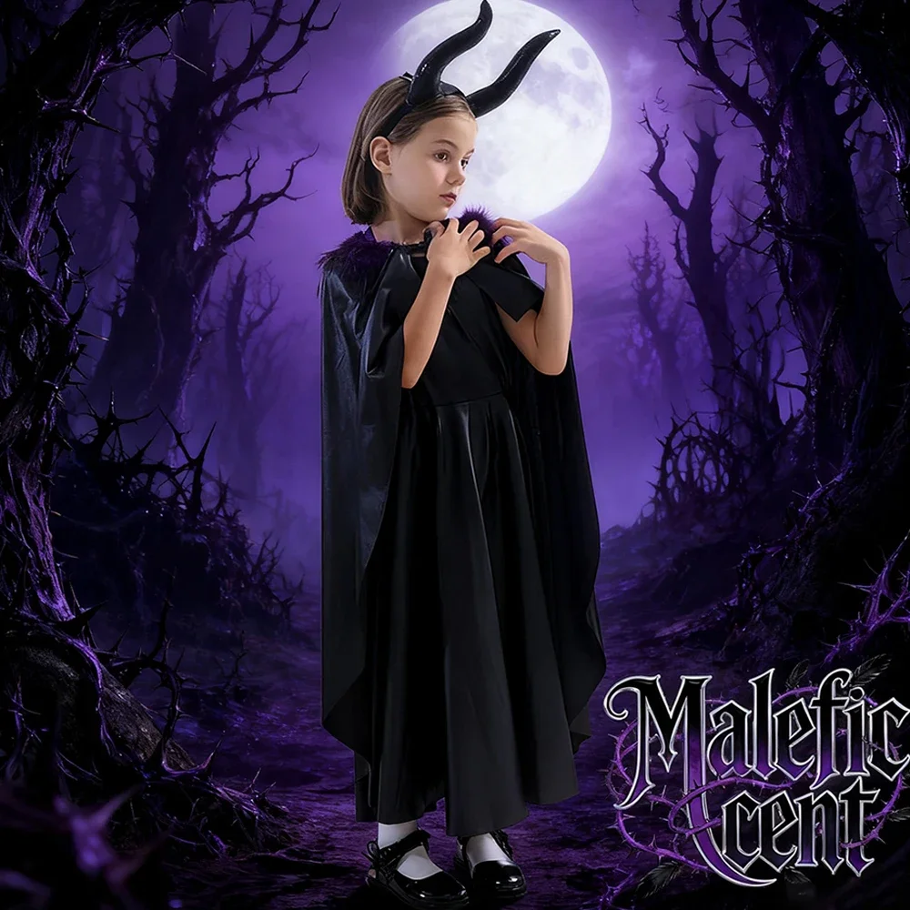 고딕 다크 요정 의상 세트 - 테마 파티와 코스프레를 위한 탈부착 가능한 뿔 머리장식이 있는 말레피센트 스타일 검은 망토 드레스