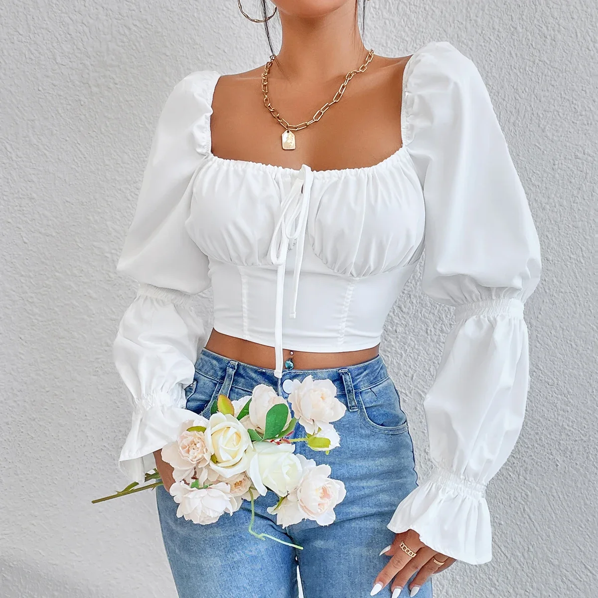 Vemina New Arrivals Autumn Winter Y2K Street Style Slim Blouses Women White Sexy Bow Backless Puff Long Sleeves Crop Top