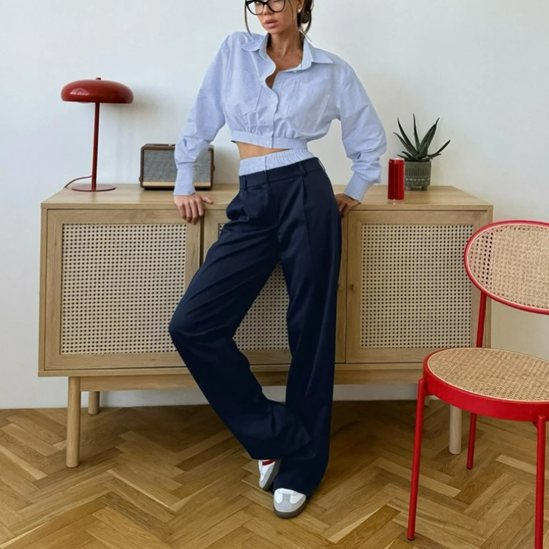 American Style Design Sense Blue Checkered Suit for Women 2026 Spring Fashion Short Shirt and Navy Blue Trousers Two-piece Set