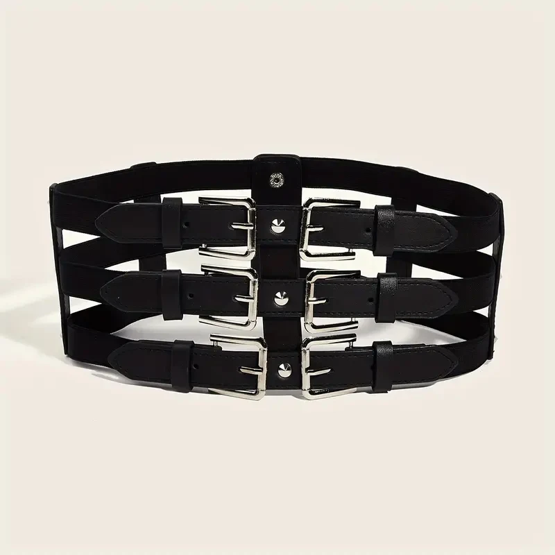 Cintura larga elastica nera con corsetto catena con nappe femminili grandi cinture di design elasticizzate per le donne Goth Y2K cintura Plus Size