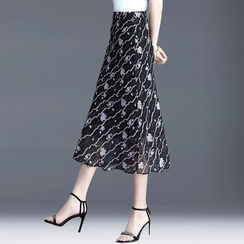 Womens Black White Floral Print High Waist Skirt Ruffle Hem Midi Chiffon Skirt