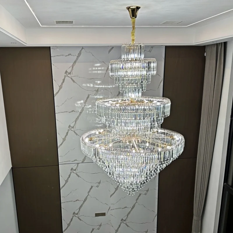 2026new European Duplex Large Chandelier Villa Building Middle Floor Living Room Led Crystal Lamp Hall Long Chandelier Luxury