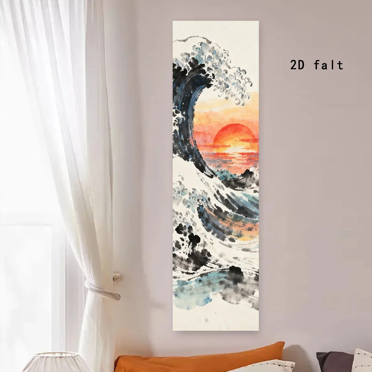 Japanische Wellen-Sonnenuntergang-Aquarell-Wandteppiche im Ukiyo-E-Stil, lange, schmale Wandbehänge für Schlafzimmer und Wohnzimmer