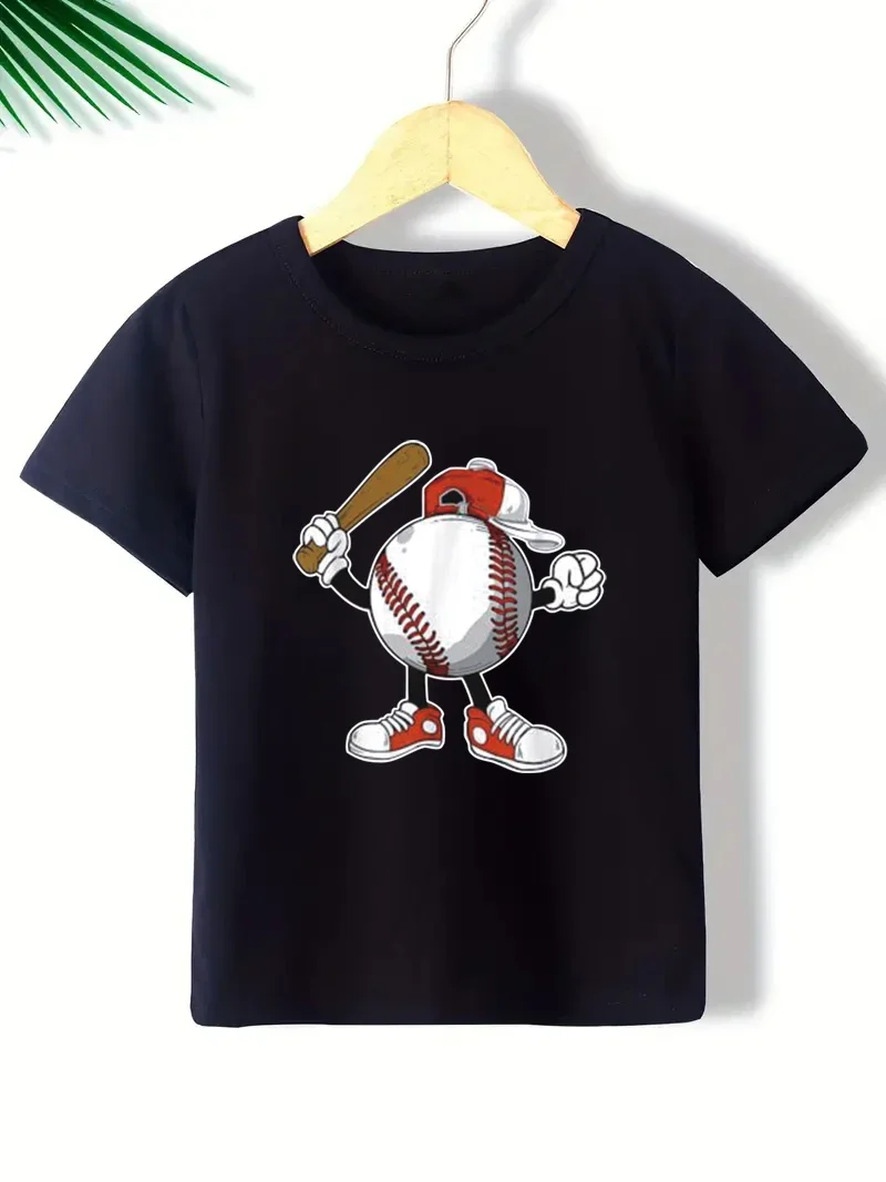 

Boys and girls cartoon baseball pattern printed short sleeved T-shirt, casual and creative design, suitable for summer wear