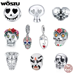 Wostu 925 Sterling Silver Skull Pendants Halloween Bold Enamel Face Beads Fit Original Bracelet Charms Jewelry Making DIY Gift