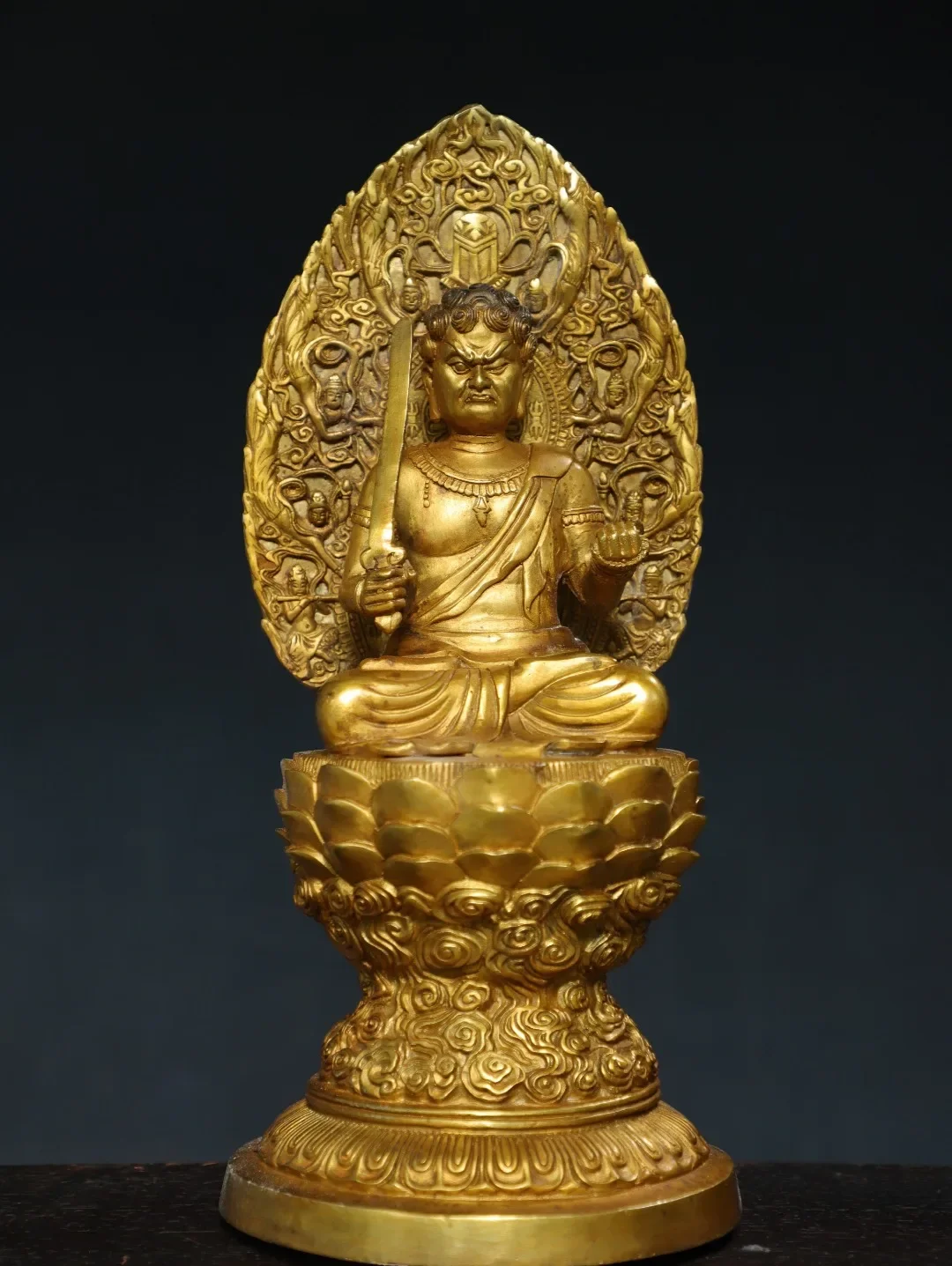 

14"Tibetan Temple Collection Old Bronze Gilded Cinnabar Acalanatha Buddha Fudosan Backlight Lotus Sitting Buddha Worship Hall