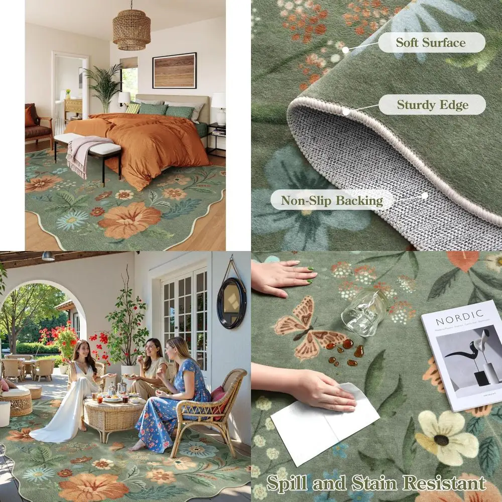 

Green 8x10 Area Rug, Non-Slip, Washable, Stain Resistant, Thin for Living Room, Dining Area, Office