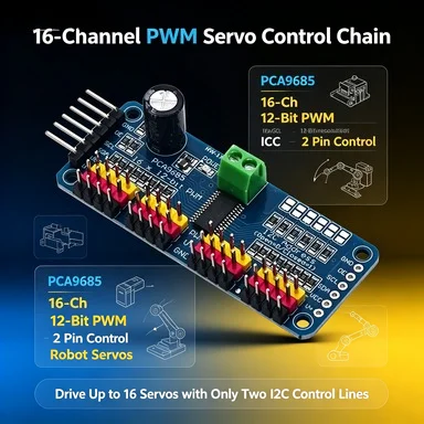 PCA9685 16 Channel PWM/Servo Controller, I2C 4096 Steps, Adjustable 40-1000Hz for Arduino/RPi